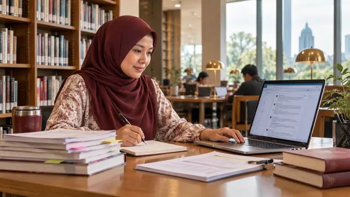 Pustakawan mencari literatur dan mengurus rujukan