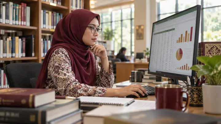 Pustakawan menganalisis dataset dan statistik ringkas