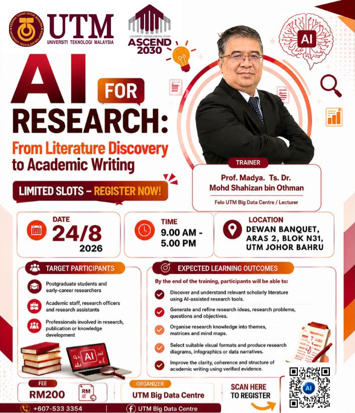 AI for Research: From Literature Discovery to Academic Writing poster with programme date, time, venue and trainer
