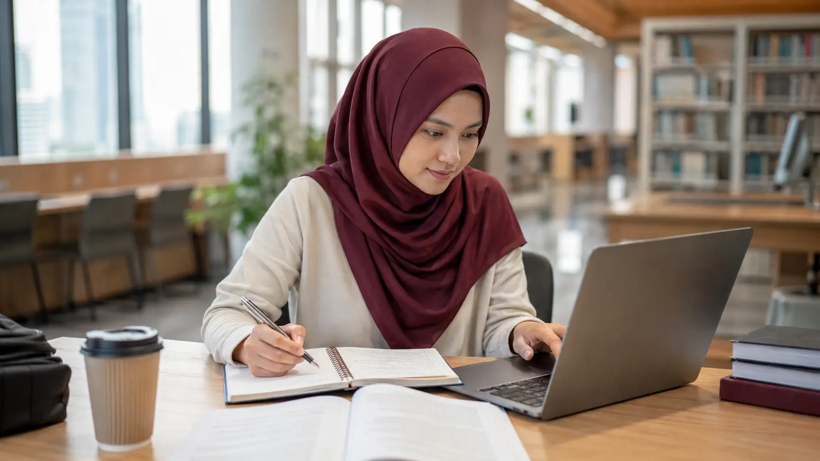 A Malaysian postgraduate researcher refining an academic AI prompt in a university library