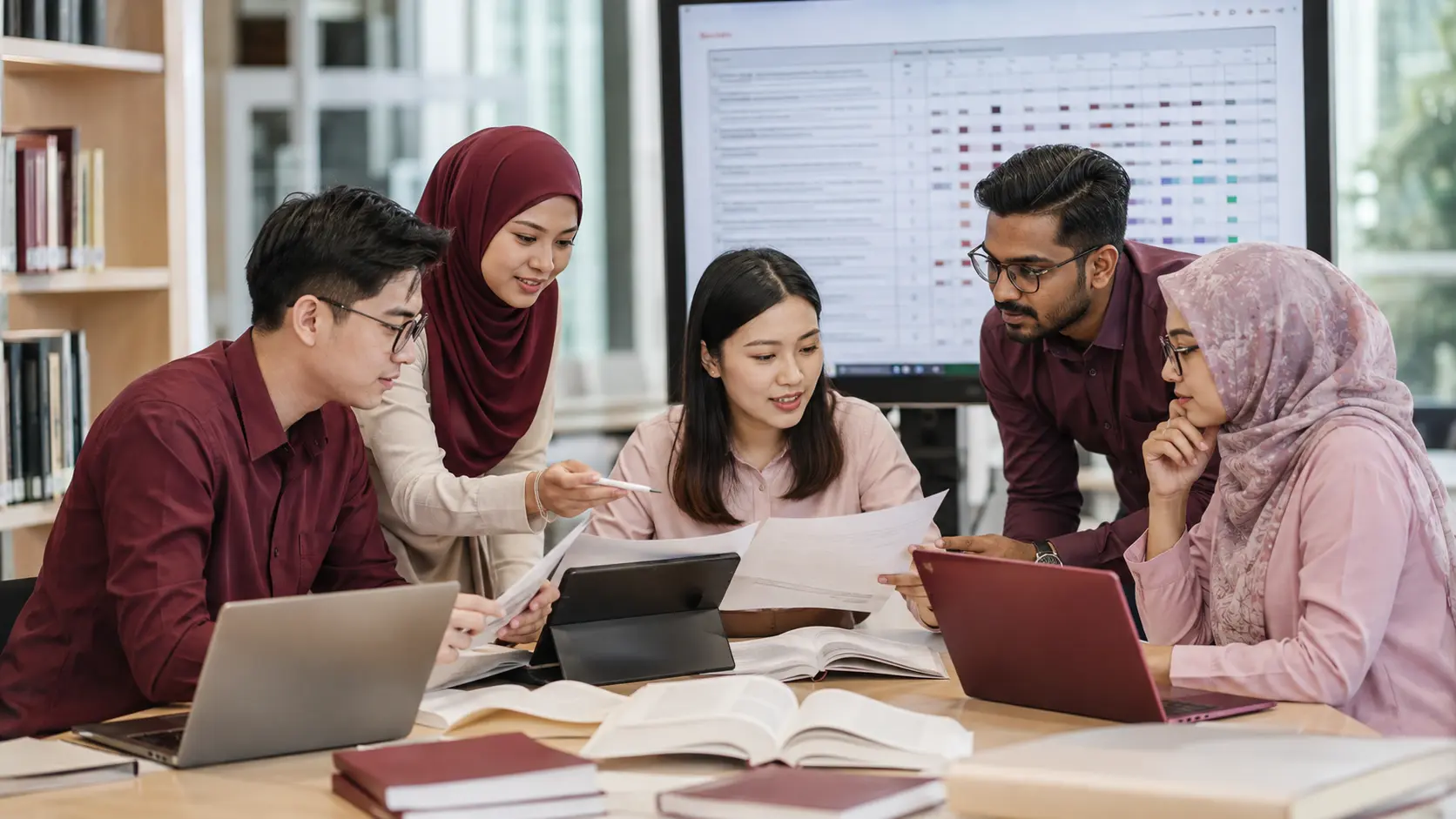 A diverse group of Malaysian postgraduate researchers synthesising journal articles in an evidence matrix