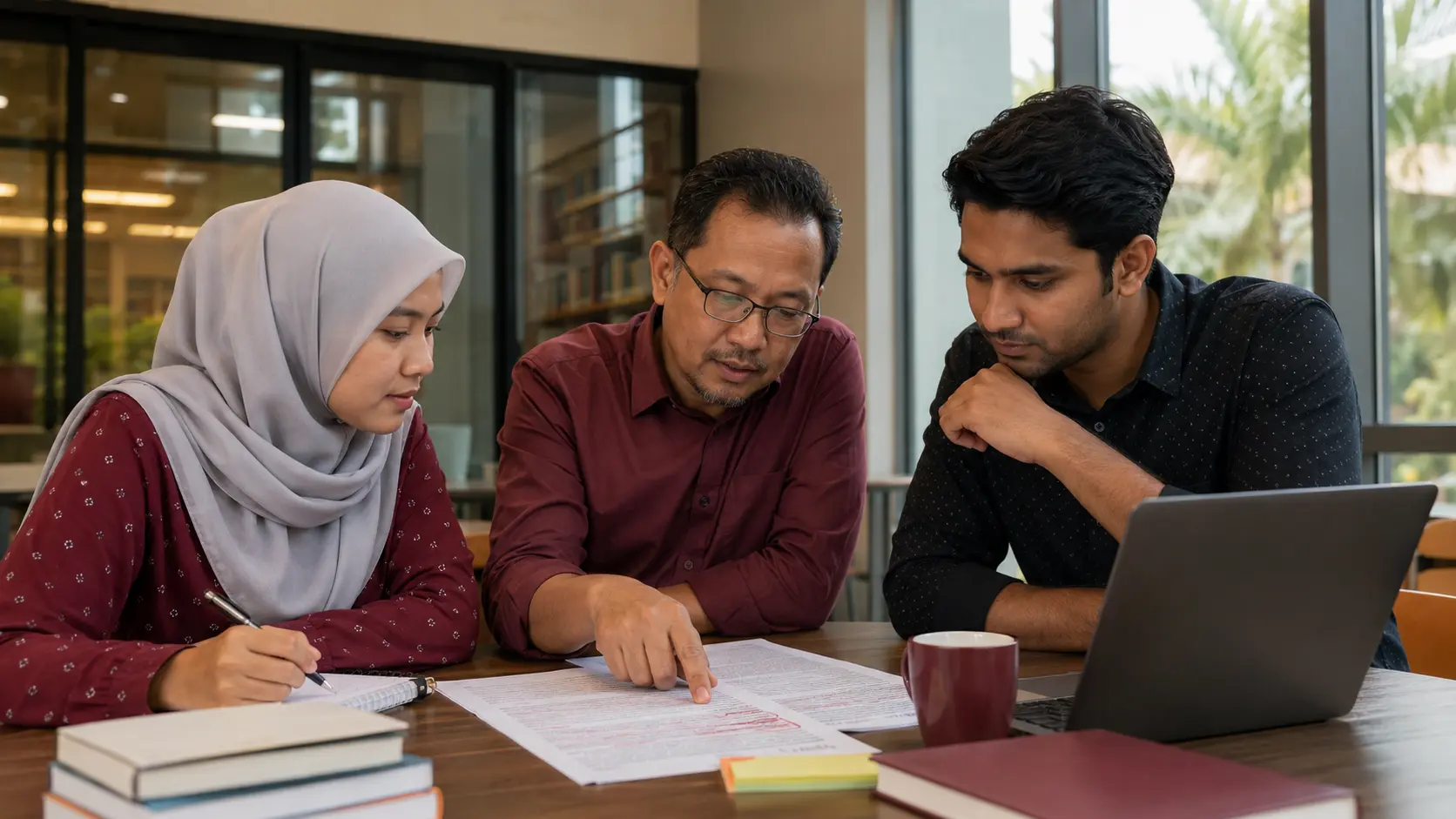 A Malaysian academic and postgraduate researchers critically reviewing a journal manuscript