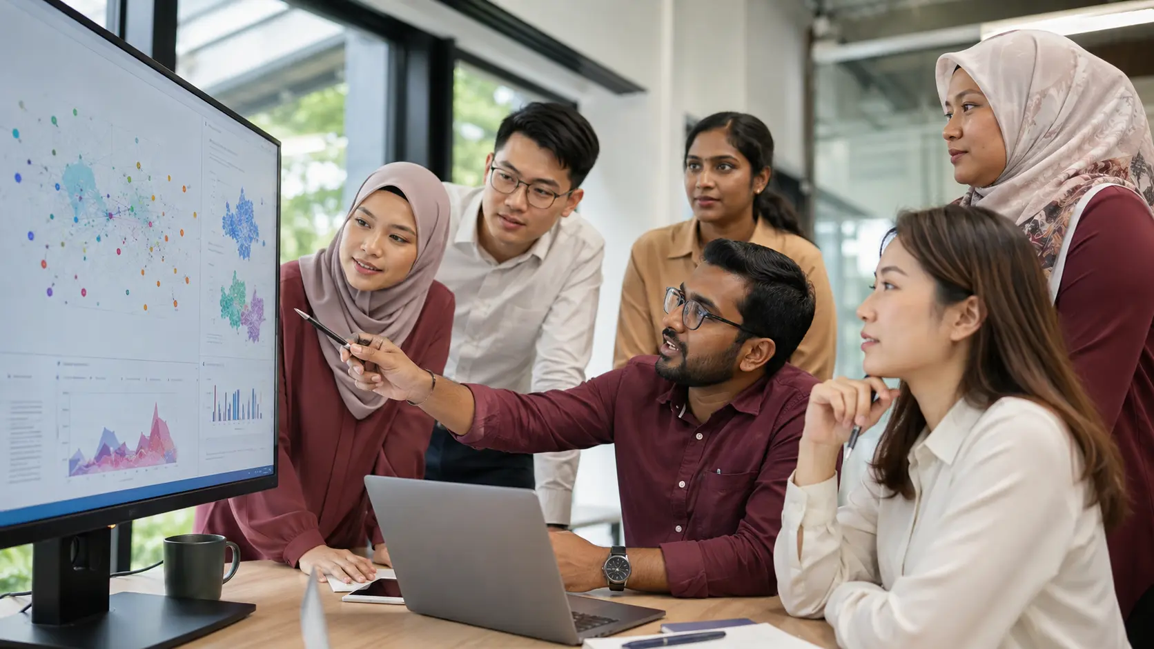 A diverse Malaysian research team interpreting charts and research visualisations