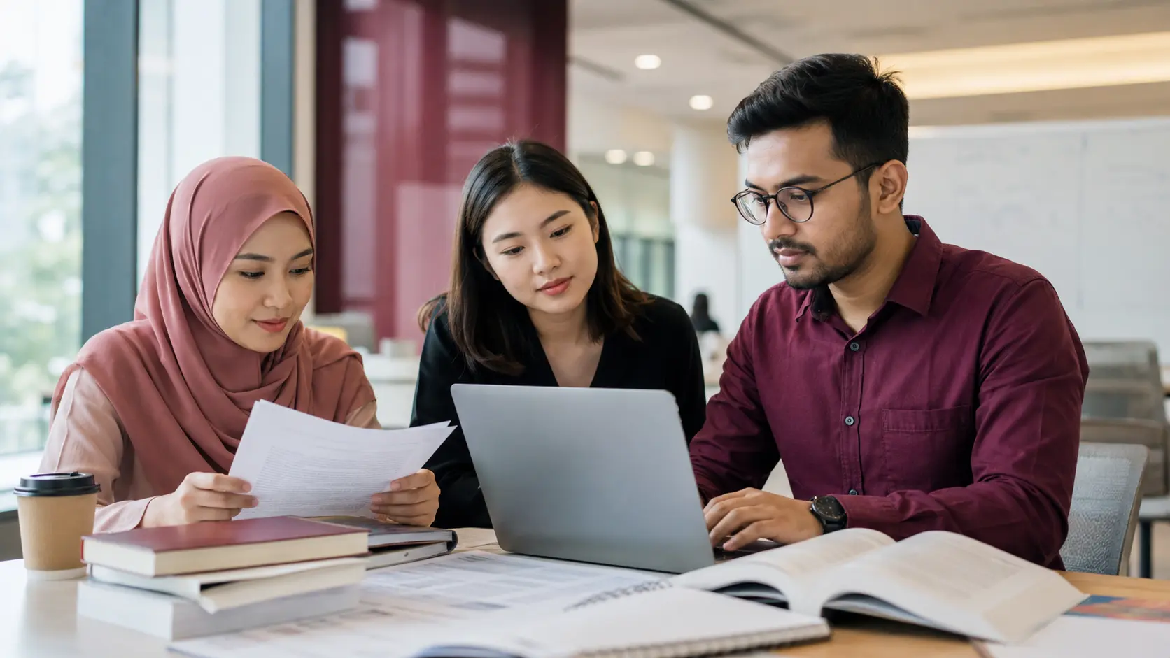 Malaysian postgraduate researchers drafting and reviewing an academic manuscript
