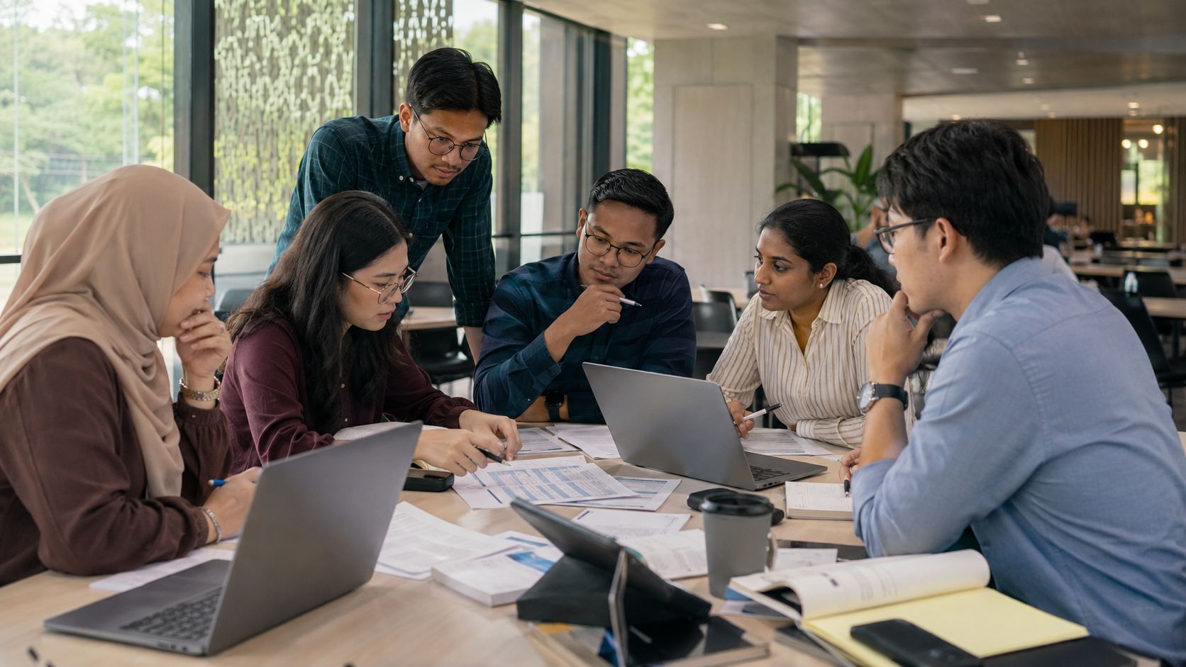 Malaysian postgraduate researchers reviewing evidence and academic literature