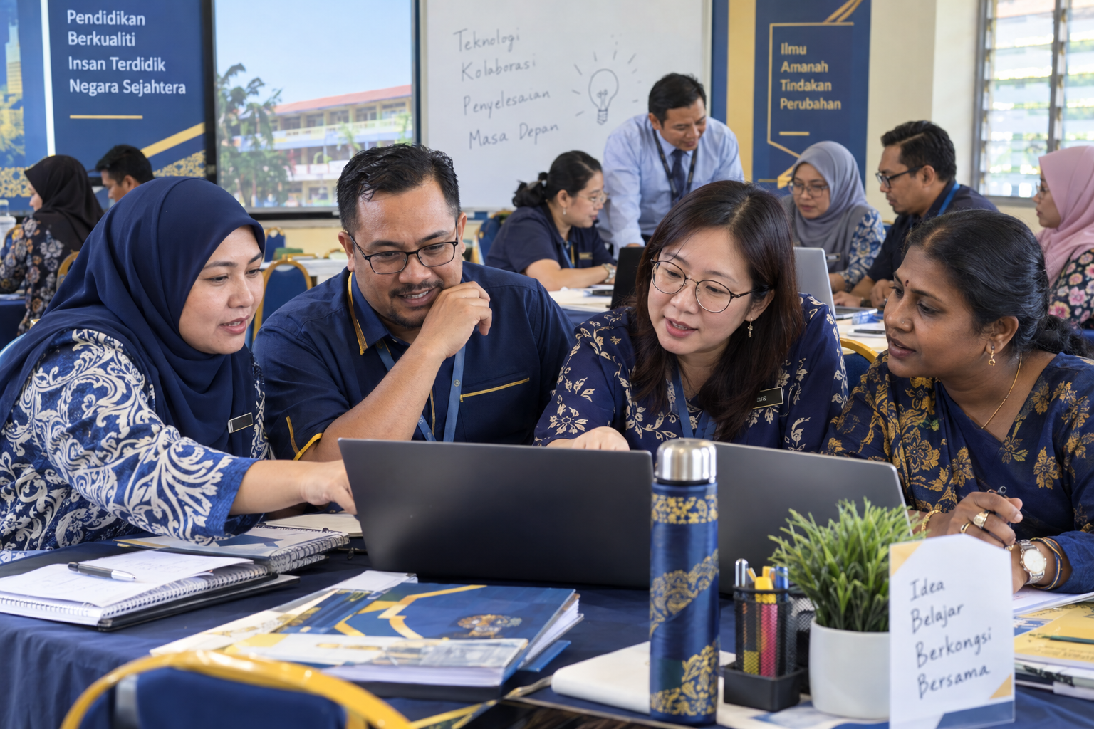 Guru dan pentadbir sekolah rendah pelbagai kaum di Malaysia bekerjasama dalam latihan amali kecerdasan buatan