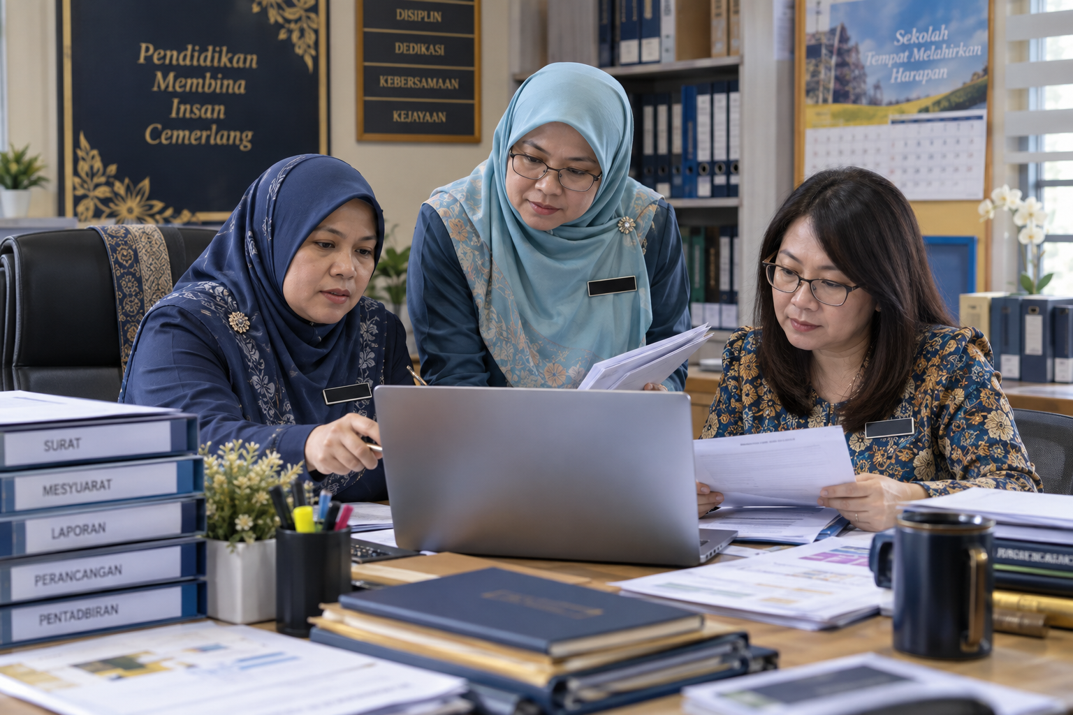 Pentadbir sekolah rendah Malaysia menyemak dokumen dan rekod rasmi bersama-sama