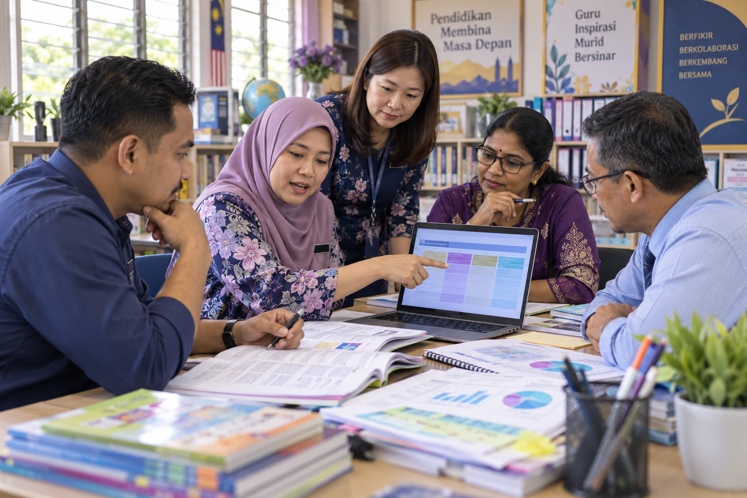 Guru sekolah rendah Malaysia meneliti bahan kurikulum dan data pembelajaran menggunakan komputer riba