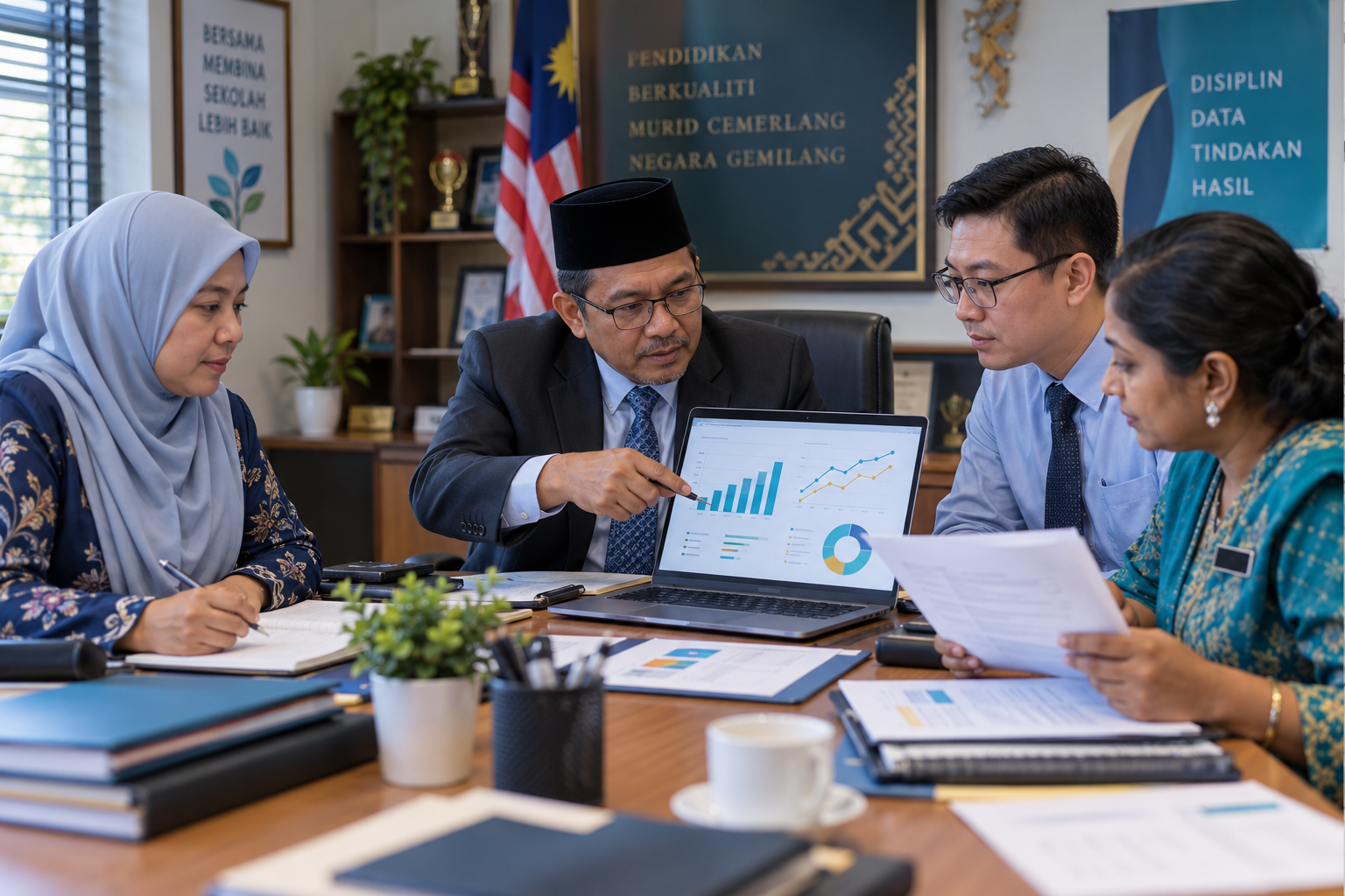 Pentadbir sekolah rendah Malaysia membincangkan dashboard data dan dokumen sekolah
