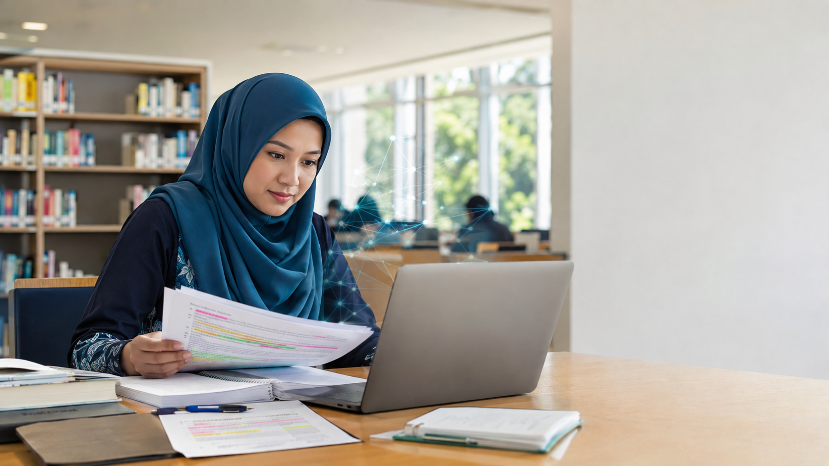 A Malaysian PhD student refining academic writing with AI prompts in a university library