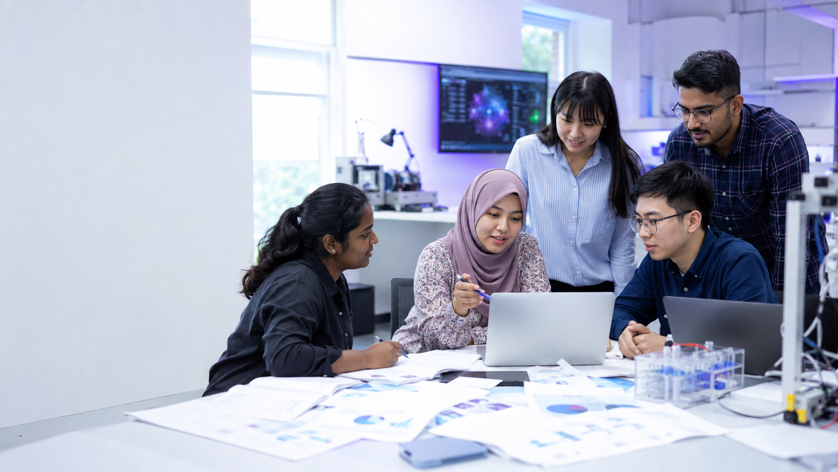 A diverse Malaysian university research team discussing academic literature around laptops and research papers