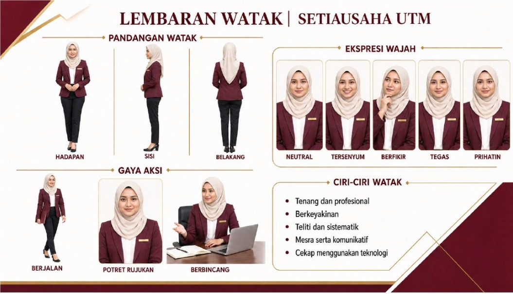 Contoh lembaran watak setiausaha UTM dengan pandangan, ekspresi, aksi dan ciri watak
