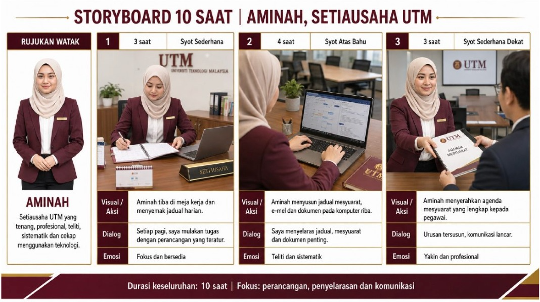 Contoh storyboard tiga babak dengan visual, dialog dan emosi