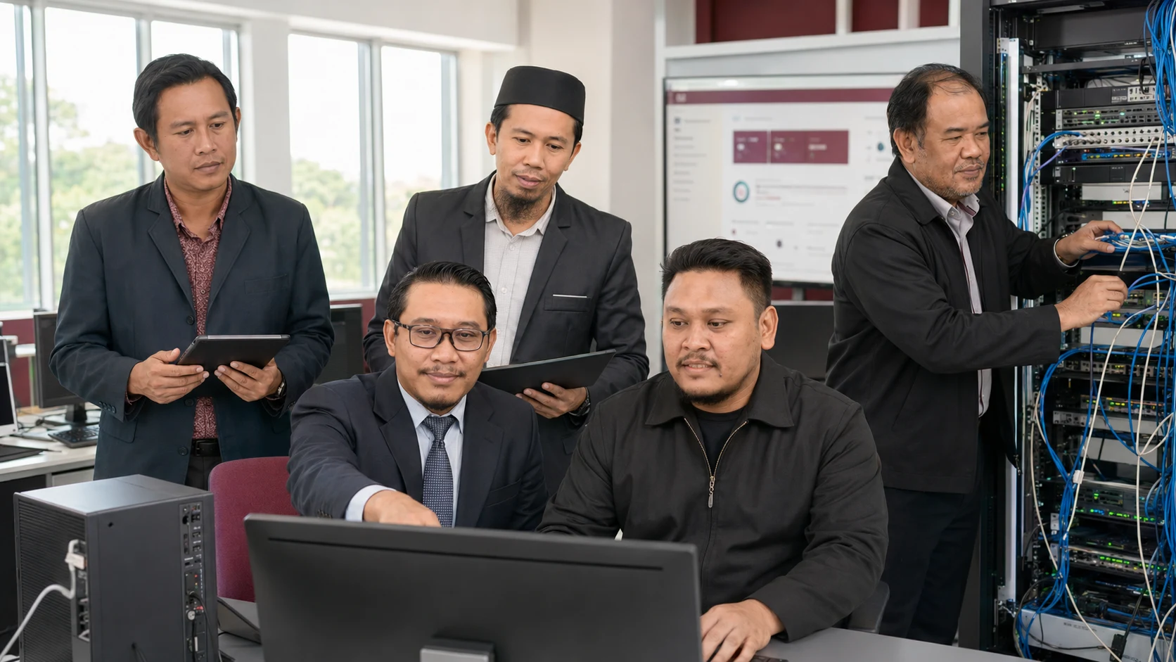 Lima staf sokongan teknikal Fakulti Komputeran menyelenggara komputer, rangkaian dan peralatan ICT