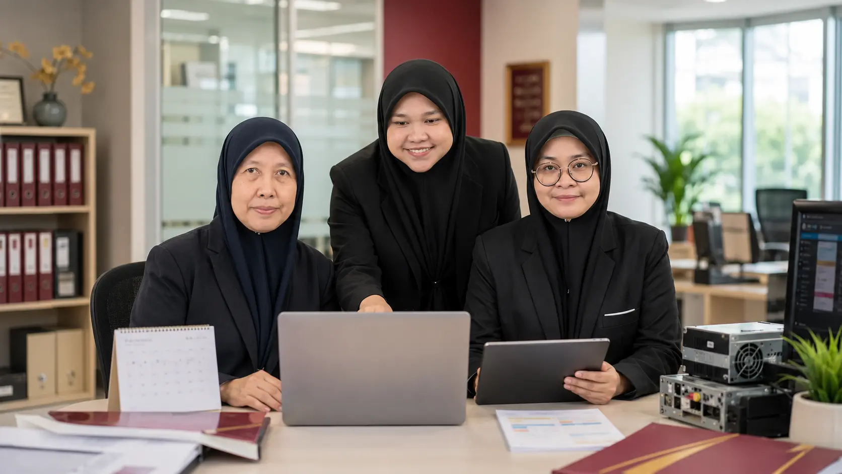 Tiga staf wanita Fakulti Komputeran bekerjasama menggunakan AI untuk sumber manusia, sokongan teknikal dan pengurusan akademik