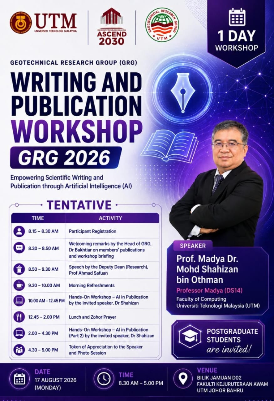 Writing & Publication Workshop GRG 2026 poster featuring the programme, speaker, date, time and Bilik Jamuan D02 venue