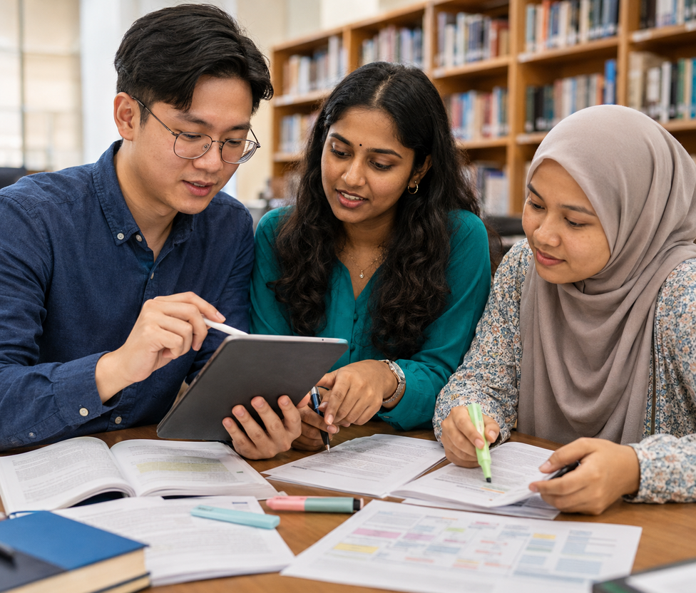 A diverse group of Malaysian postgraduate researchers using digital notebooks, journal articles and evidence matrices to synthesise literature for publishing