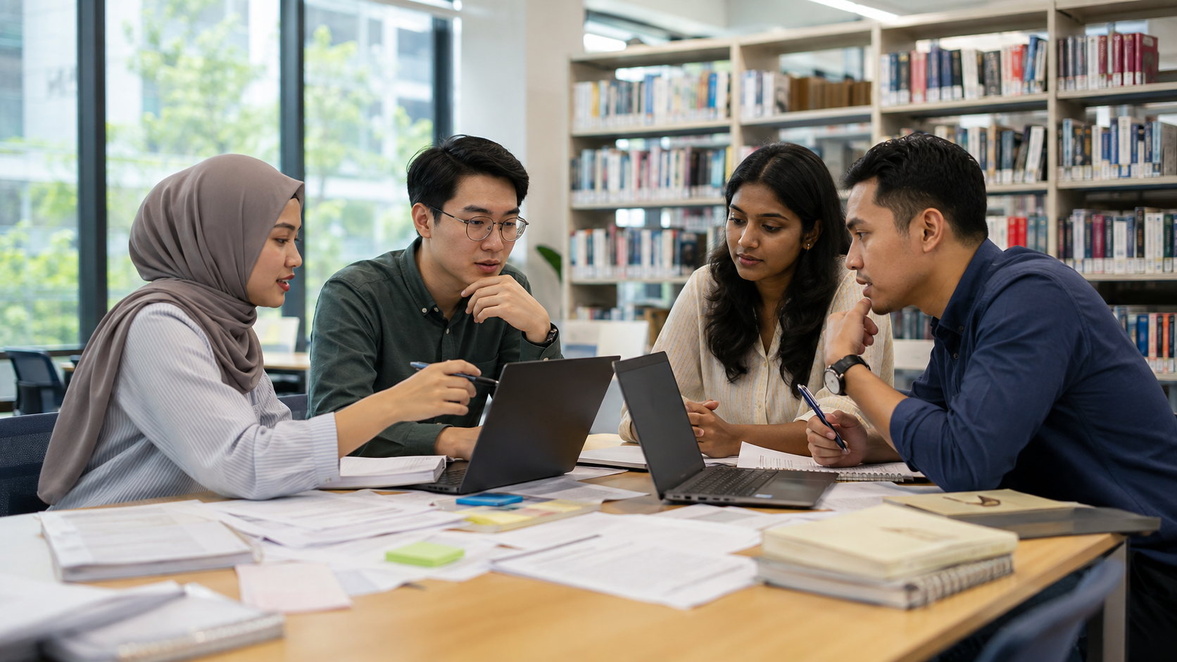 A Malaysian PhD student refining academic writing with AI prompts in a university library