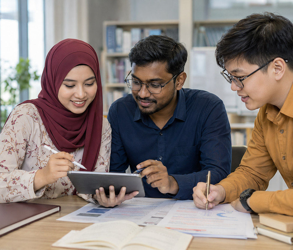 A diverse group of Malaysian postgraduate researchers reviewing a manuscript, evidence and reviewer feedback before journal submission