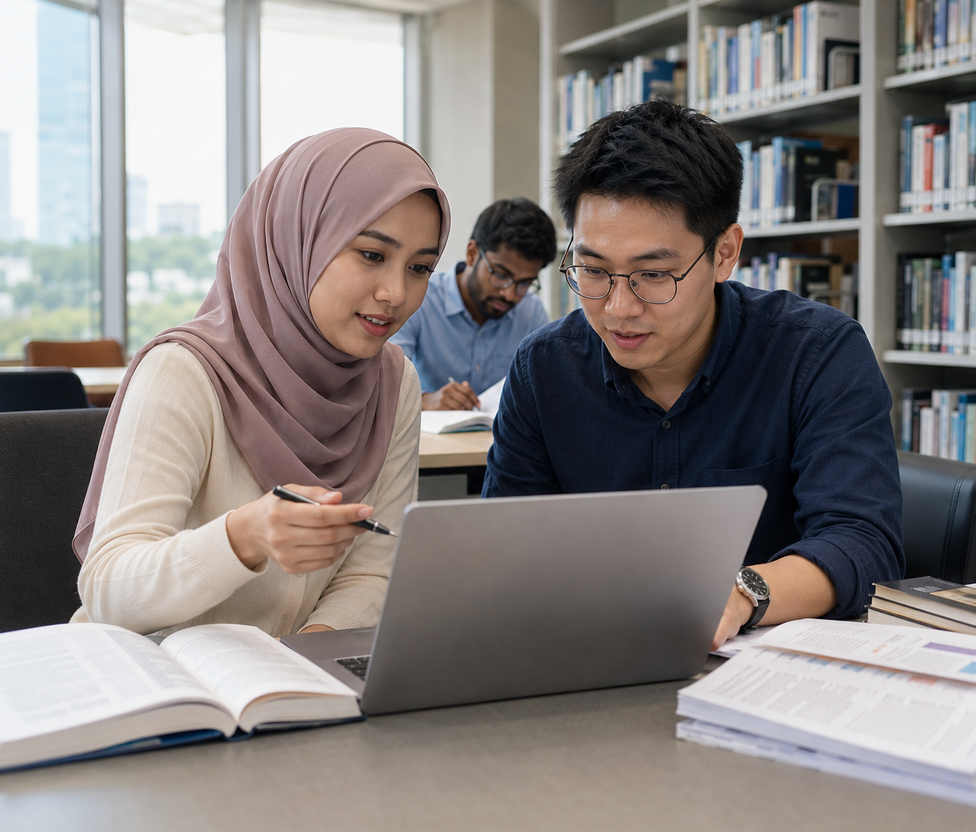 Diverse Malaysian postgraduate researchers using academic literature discovery tools in a university library