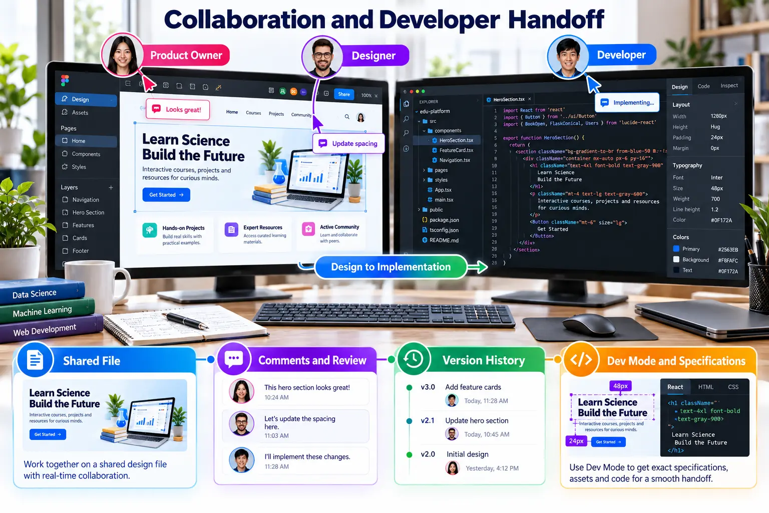 Product owner, designer and developer collaborating through Figma