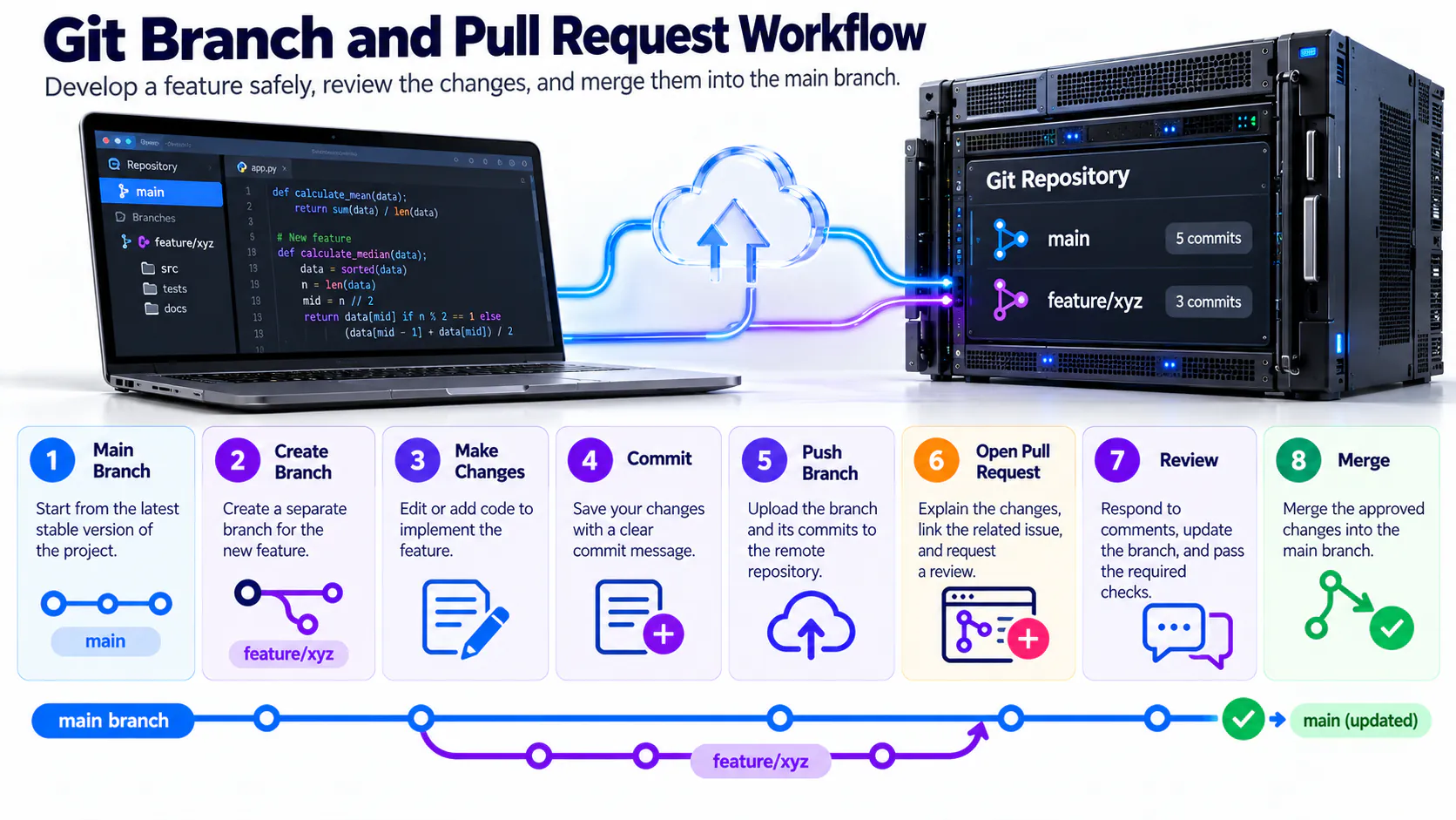 Workflow from a Git branch to a reviewed pull request and merge
