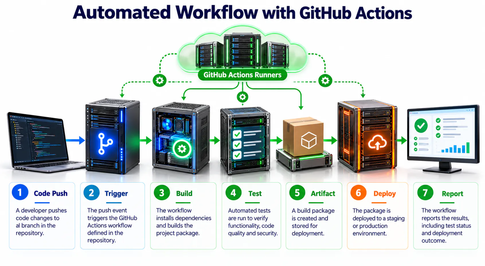 Conceptual GitHub Actions workflow from trigger to automated result