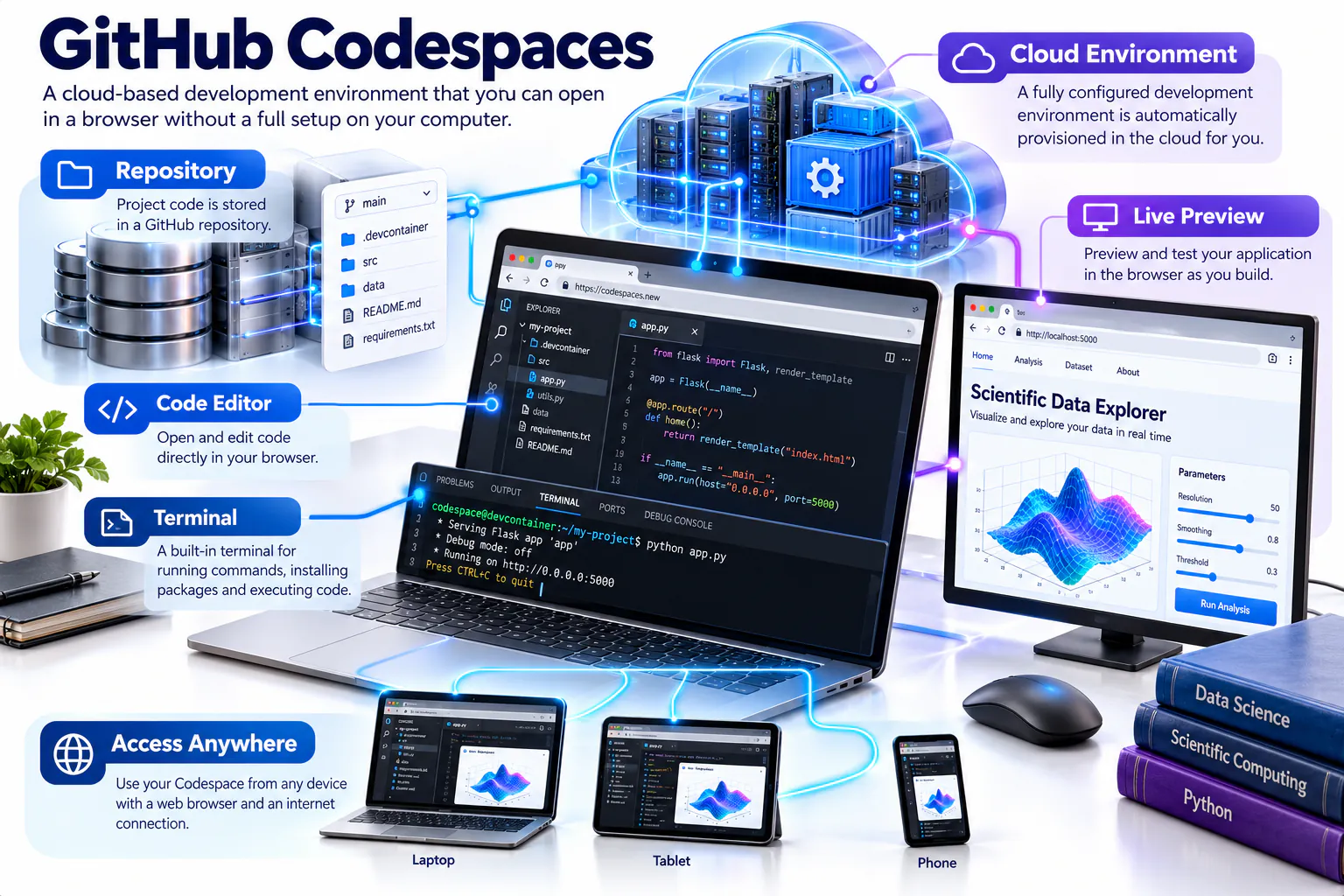 Overview of a GitHub Codespaces cloud development environment