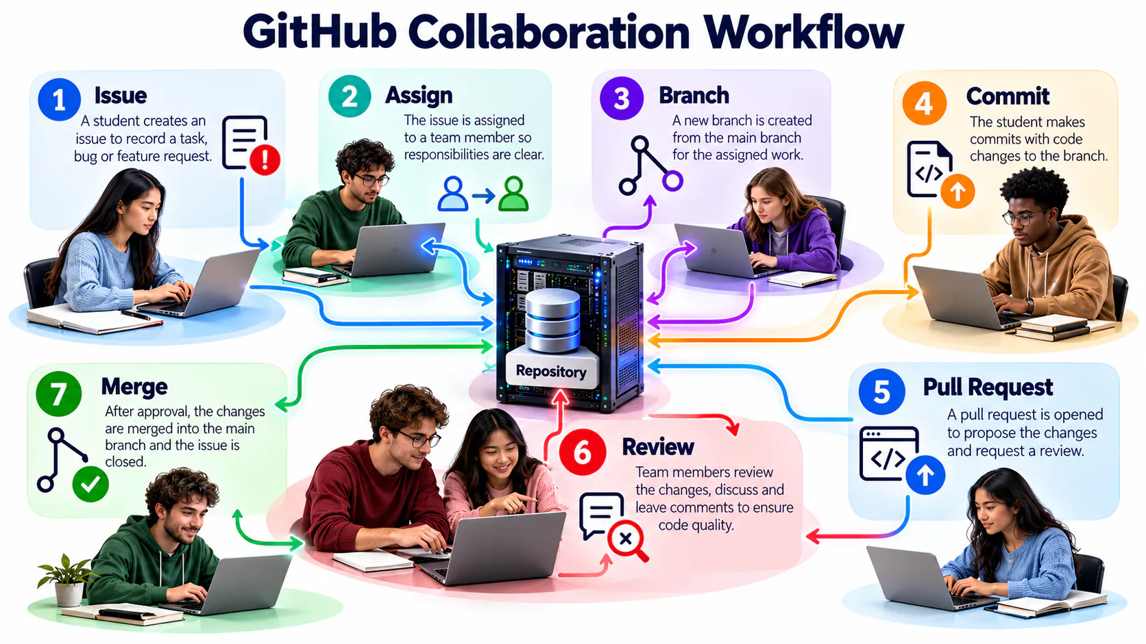 GitHub collaboration workflow connecting team tasks and code review