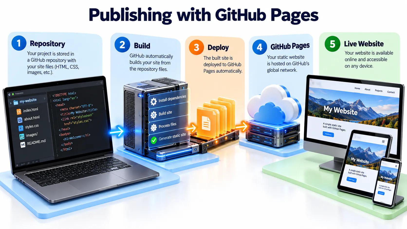 Six-step GitHub Pages publishing process