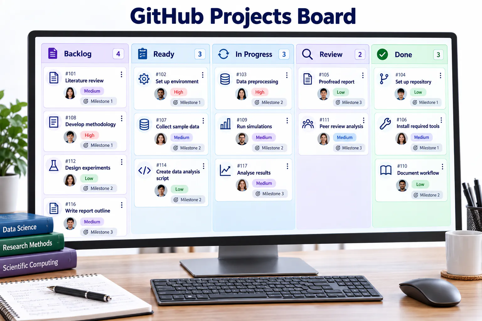 GitHub Projects board with work moving through defined stages