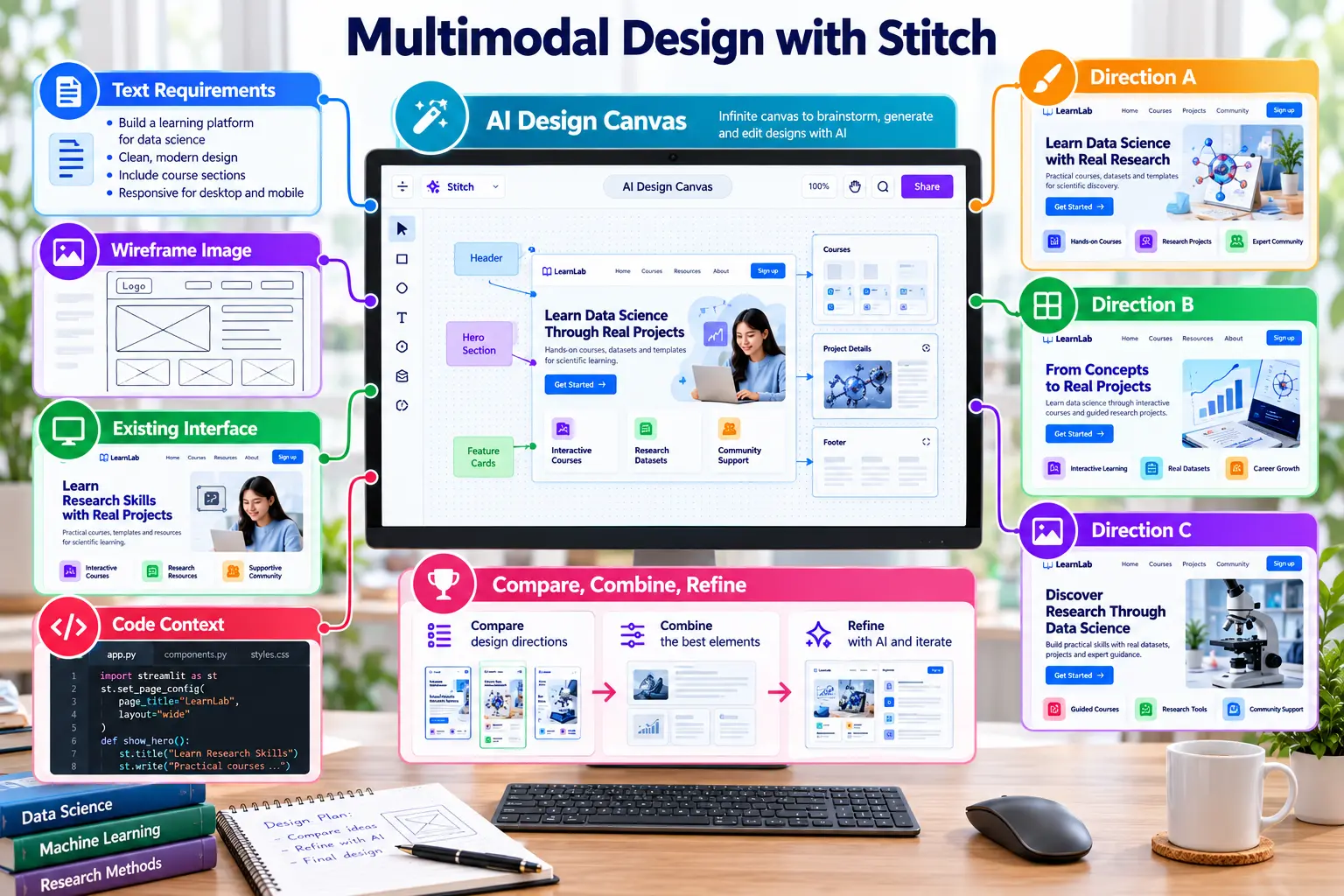 Multimodal inputs and three design directions in Google Stitch