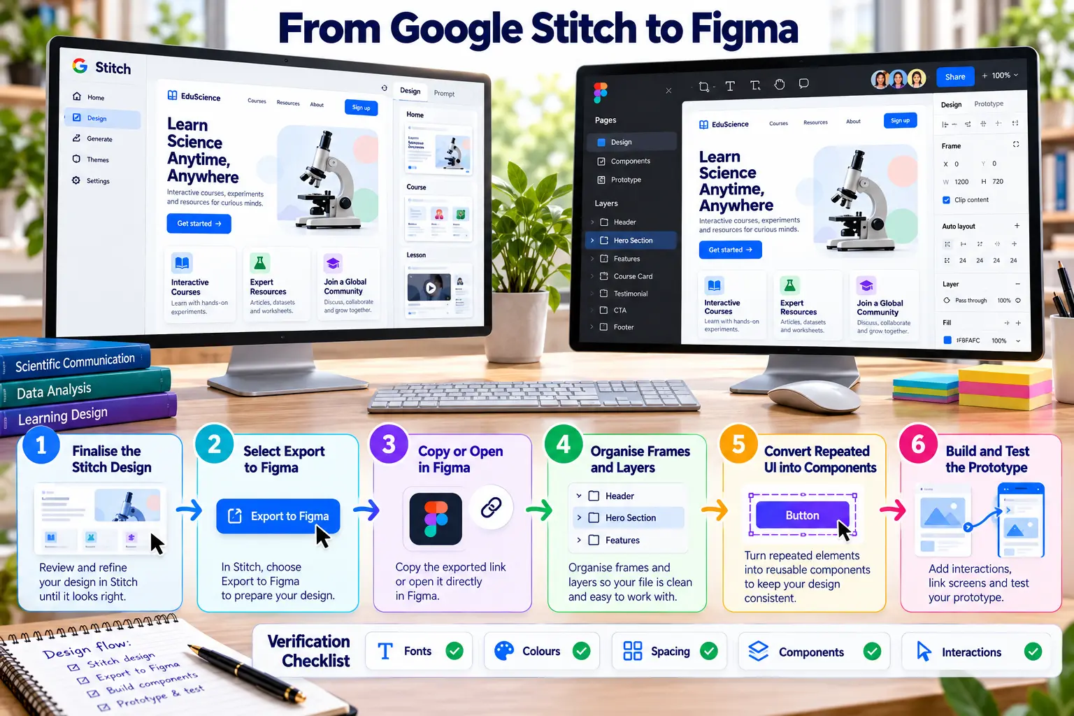 Six-step workflow from Google Stitch to Figma