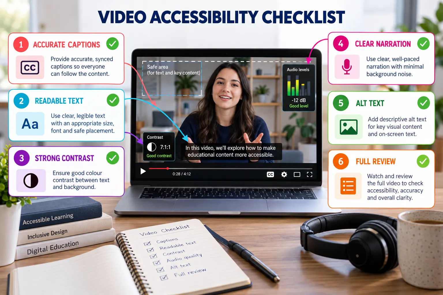 Accessible video checklist with captions, contrast and audio controls