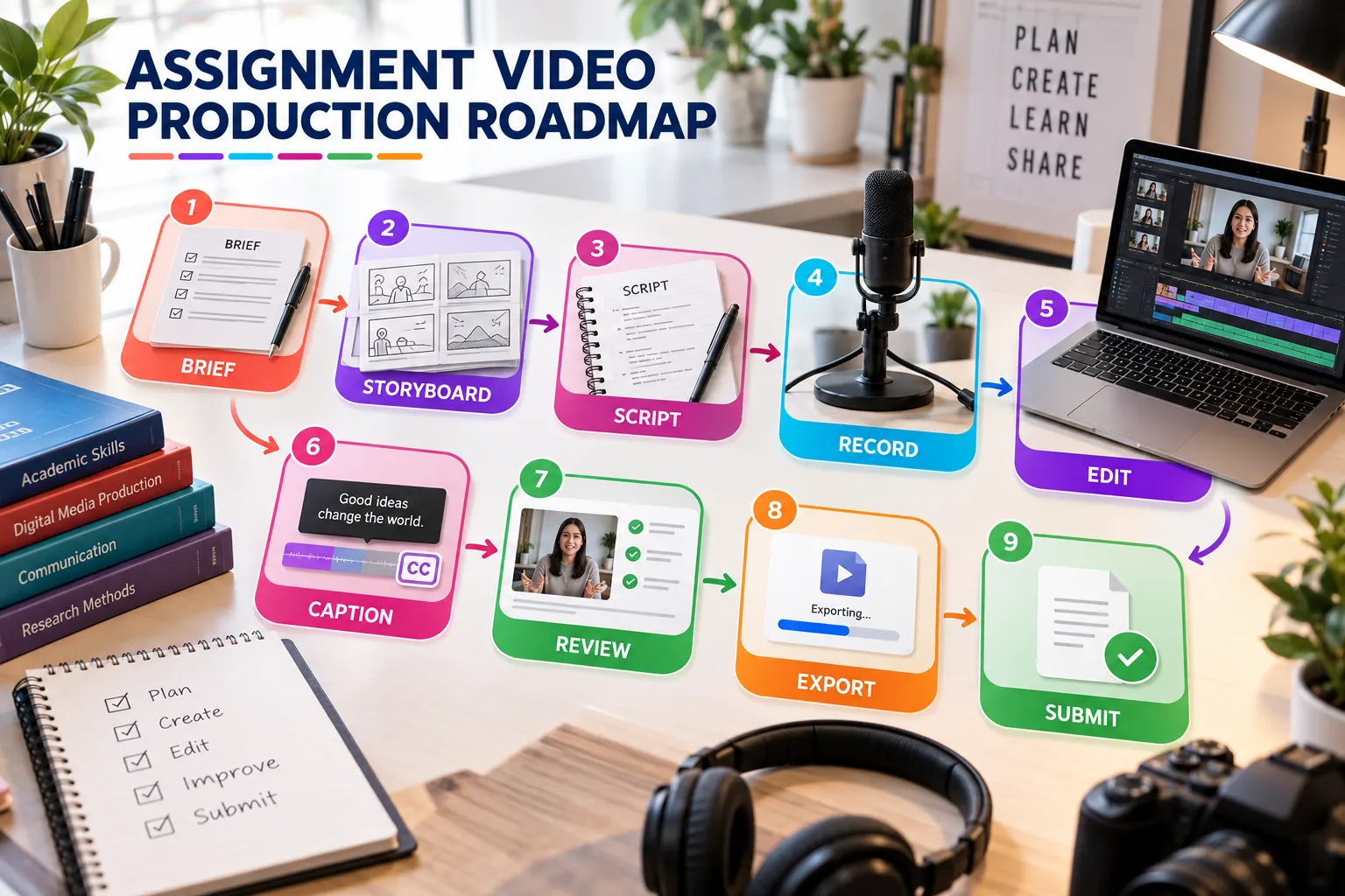 Nine-stage assignment video production roadmap