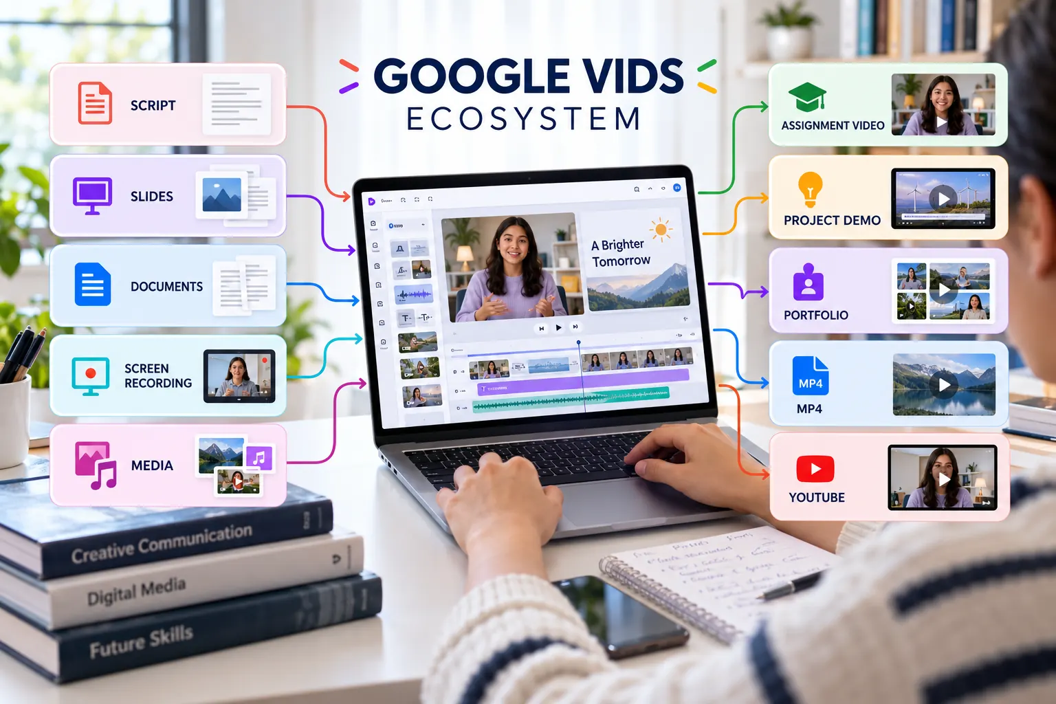 Google Vids ecosystem from source material to shareable video outputs