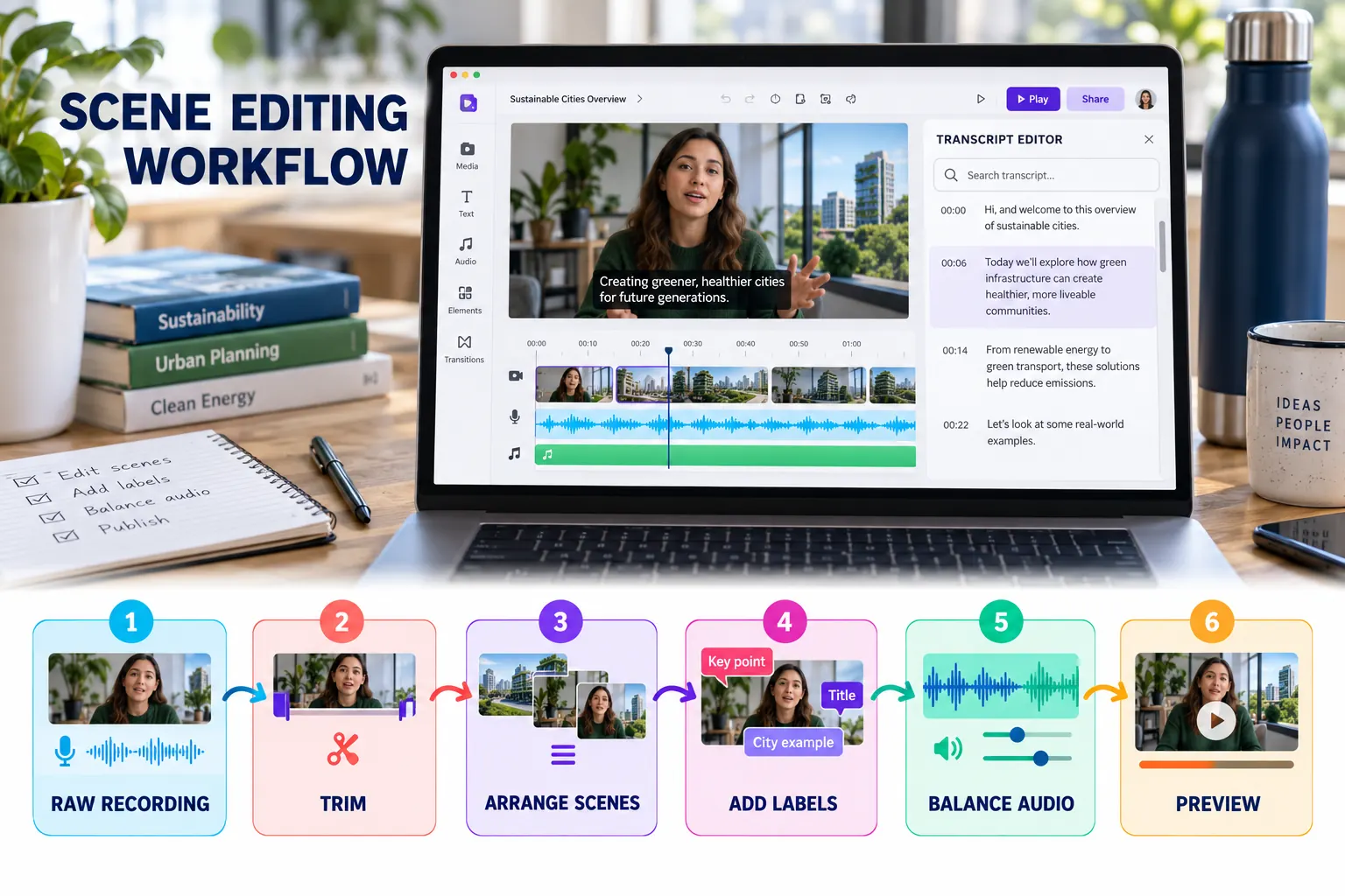 Six-stage scene editing workflow with transcript editor