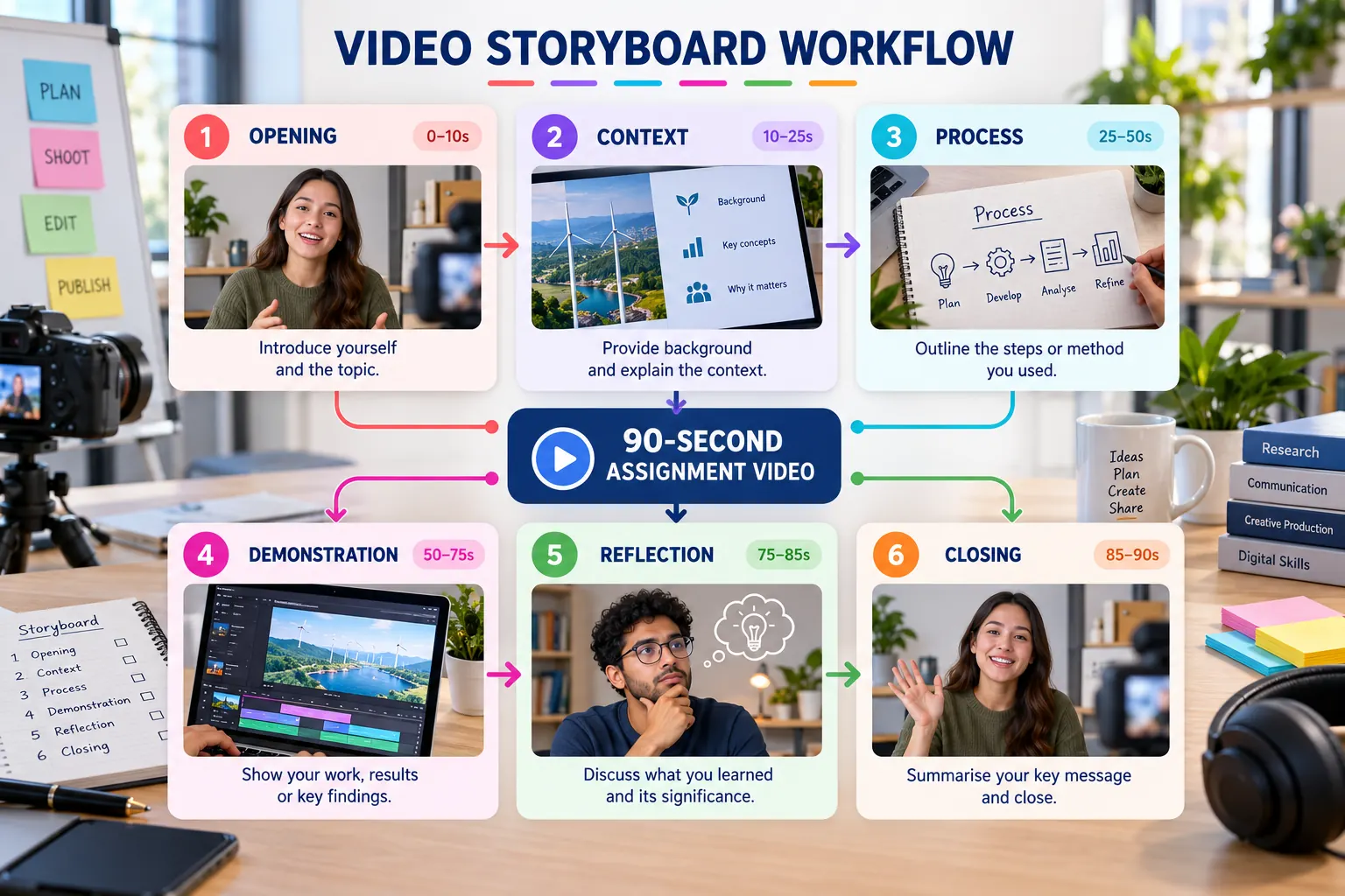 Six-scene storyboard for a 90-second assignment video