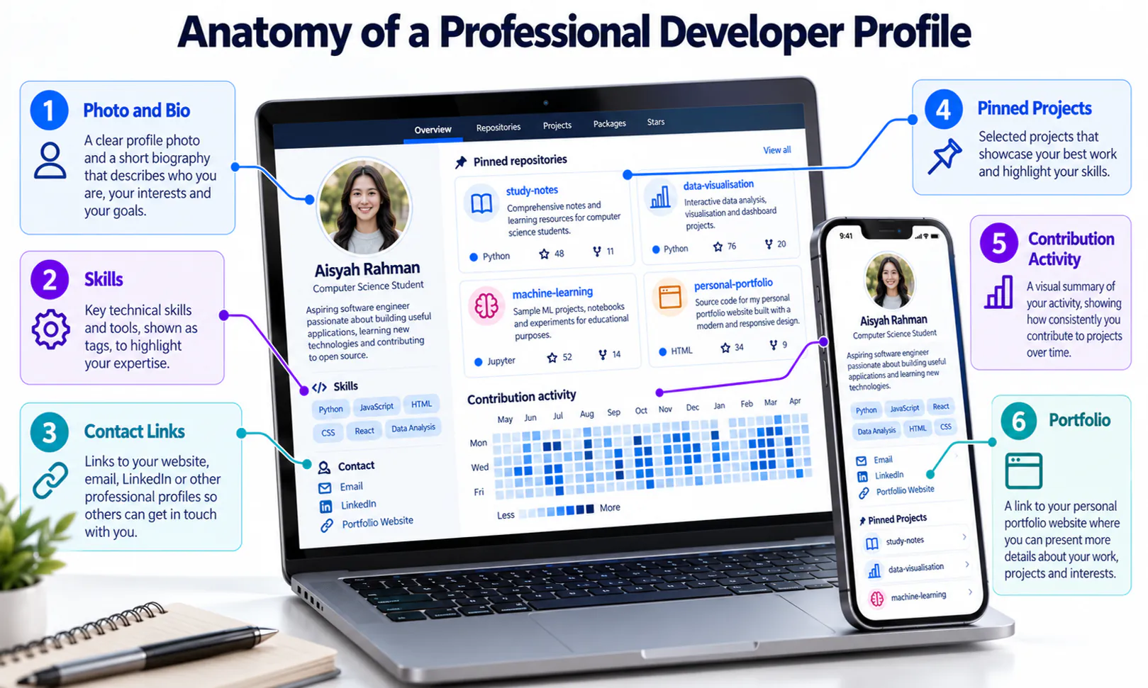 Six parts of a professional GitHub student profile