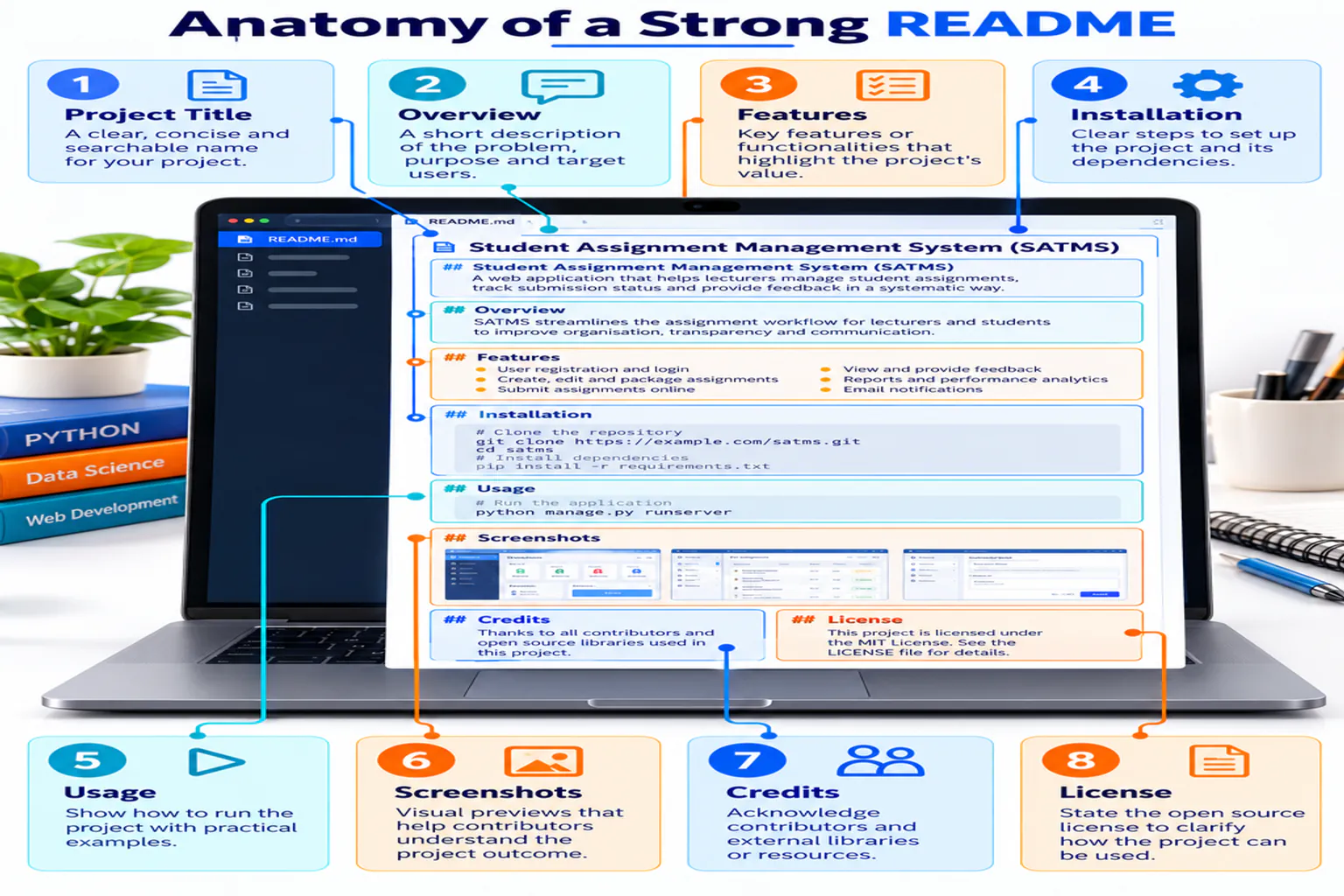 Anatomy and recommended sections of a useful README file