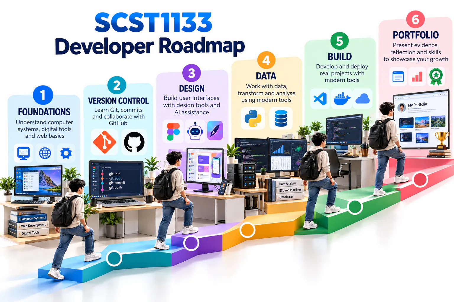 SCST1133 data engineering developer roadmap with five learning stages