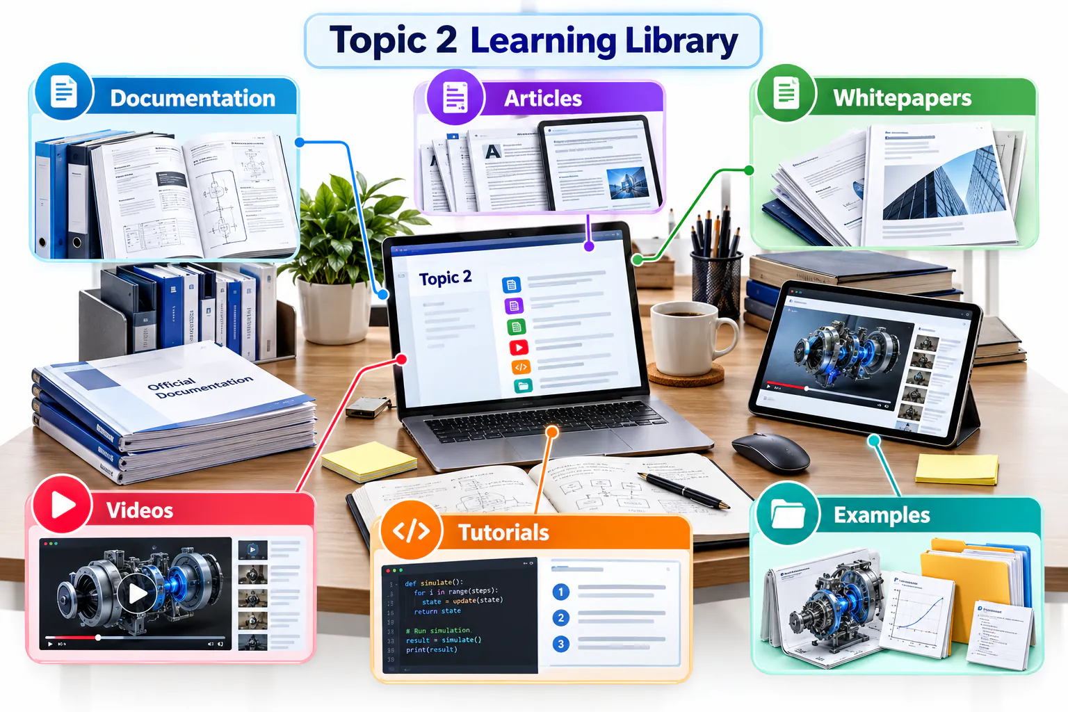 Learning library showing articles, reports and videos leading to practical application