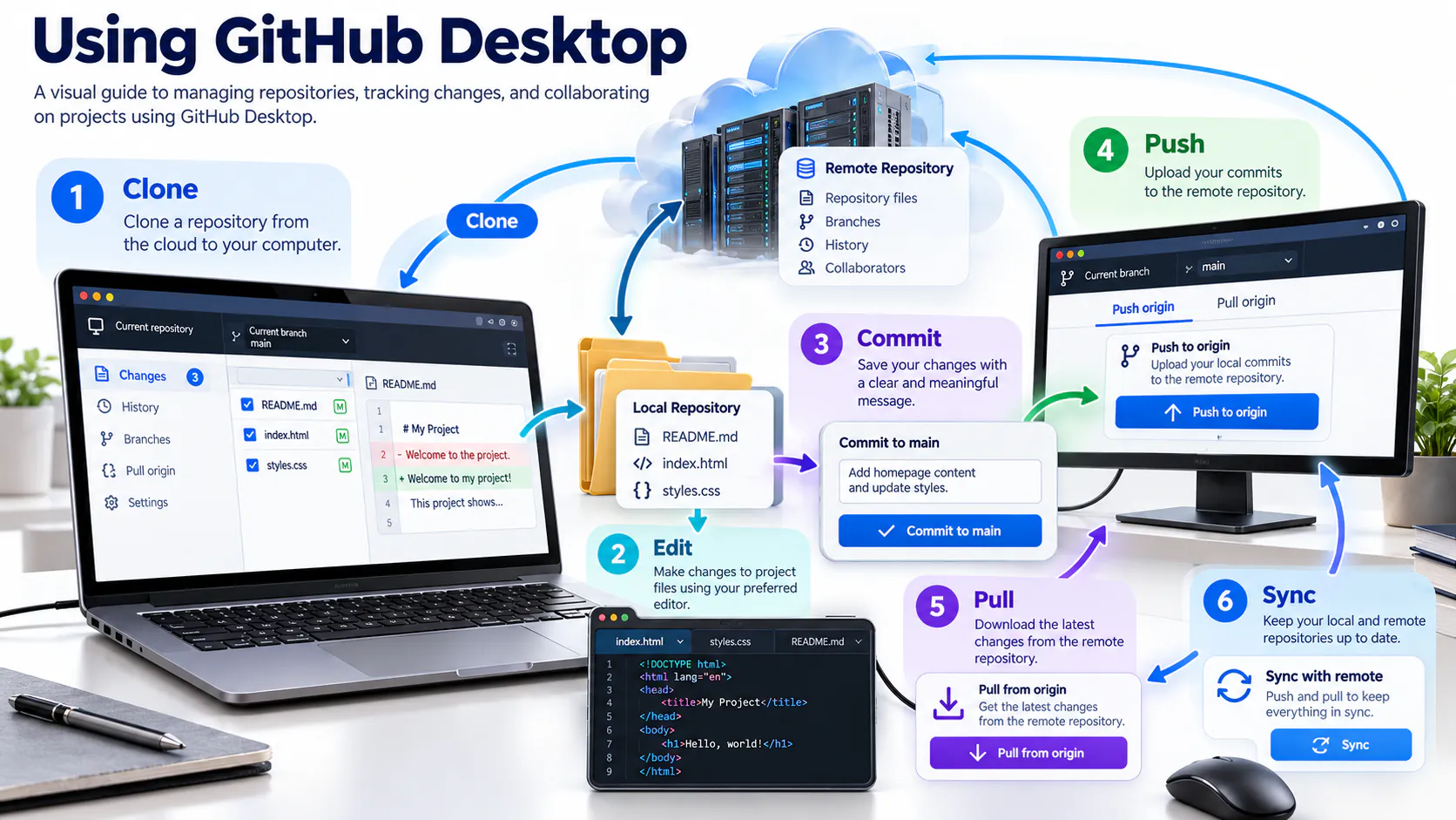 Main stages for working with a repository in GitHub Desktop